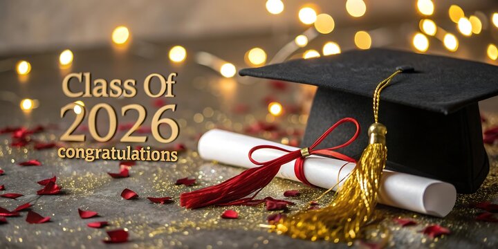 Class of 2026 diploma and graduation cap with bokeh lights back to school graduation