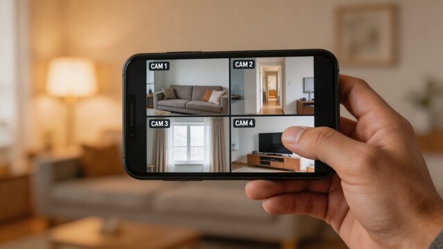 A person monitors a home security system on their smartphone, displaying four camera feeds in a living room setting, emphasizing smart home technology and security.
