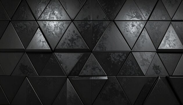 A geometric digital illustration featuring a repeating grid of dark triangular panels. Each triangle has a metallic or matte texture, with subtle variations in shading and surface finish&mdash;some appearin