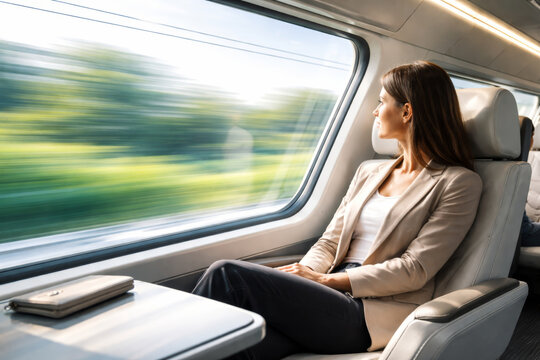 Woman enjoying scenic view from high-speed train window