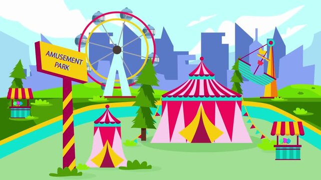 Flat Vector Illustration of a Bright Amusement Park with Rides