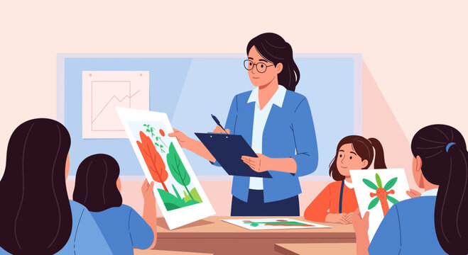 Teacher reviews student artwork in a classroom with young children during an art lesson in the afternoon