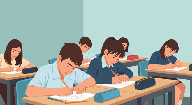 Students work on assignments in a classroom during a school day while teacher monitors their progress