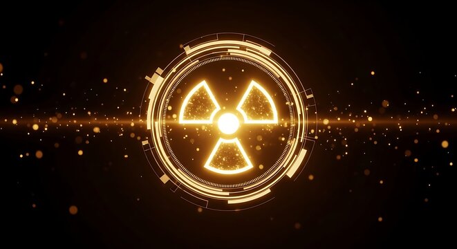 Glowing golden radioactive symbol in a digital circle, amidst particles, on dark background