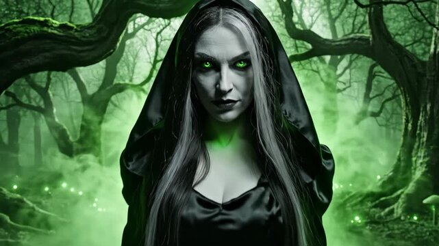 A Mysterious Woman With Glowing Green Eyes and Long Dark Hair, Wearing a Black Hooded Cloak, Stands in a Dark, Misty Forest With Eerie Green Light Illuminating the Trees and Fog.