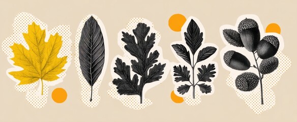 Naklejka premium autumn leaves evoke nostalgia in a vintage halftone collage of nature sketches