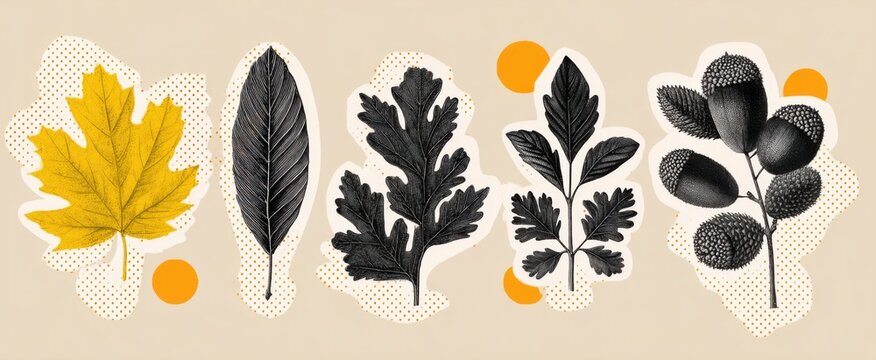 autumn leaves evoke nostalgia in a vintage halftone collage of nature sketches