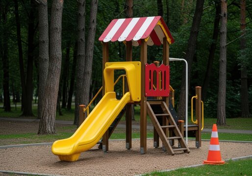 Colorful playground with yellow slide and red playhouse in a wooded park