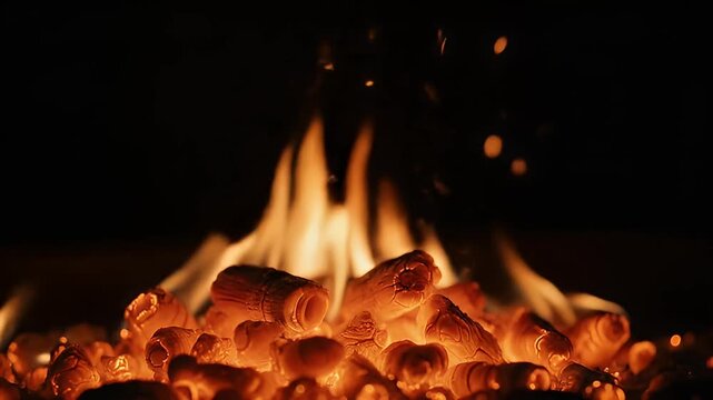 Close up of glowing red hot embers with flames