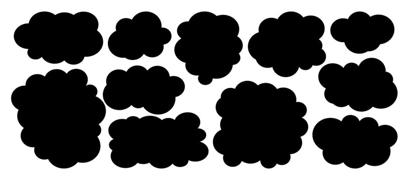 Set of abstract black cloud silhouettes for text, rounded shapes, soft smoke cloud icons, vector bubble shapes, dark cloud overlays, obscure mask elements, hidden block shapes collection