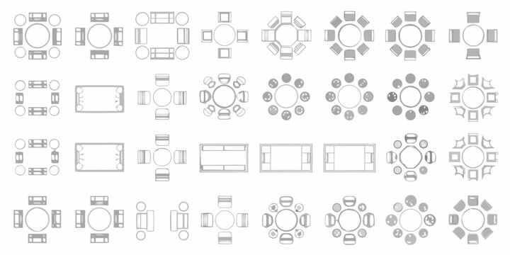 Overhead view of various table shapes and seating arrangements