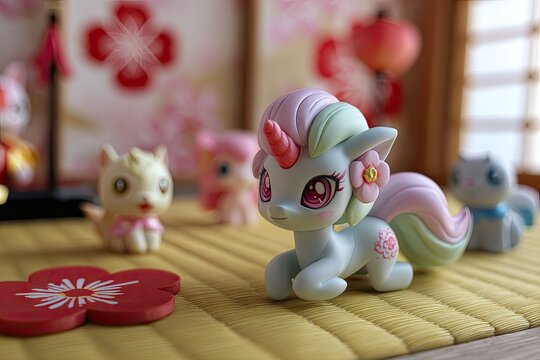 Colorful unicorn figure with other toys on a patterned mat indoors