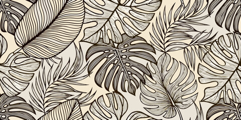 Detailed botanical illustration of tropical monstera and palm leaves © Ranajit