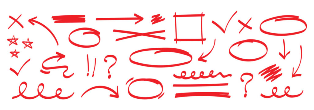 Line pen red with highlight arrow set. Line pen hand drawn marker stroke red underline  check mark  emphasis. Arrow  star  round frame marker scribble stroke icon elements. Vector illustration