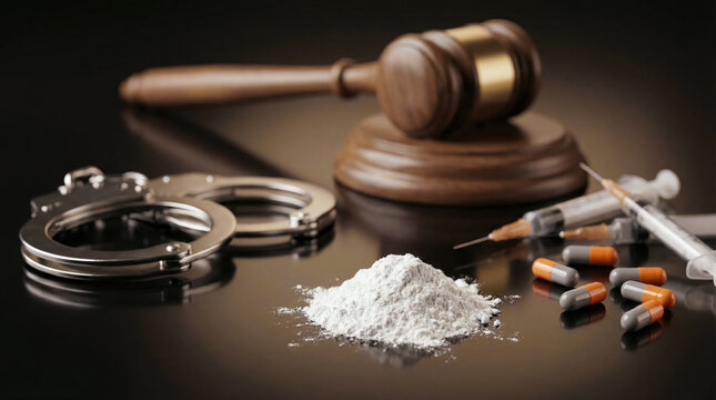 Judge gavel with handcuffs, white powder, syringes and pills, drug crime prosecution and narcotics law enforcement concept. 