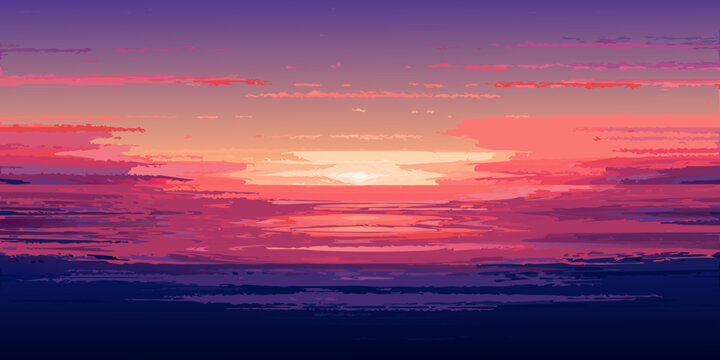 Vibrant sunset over water with stylized pixelated aesthetic