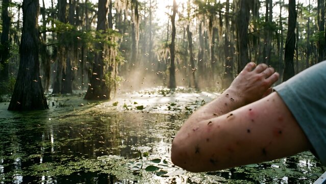 Close-up of a person's arm covered in numerous insect bites in a sun-drenched swamp filled with flying mosquitoes and cypress trees.