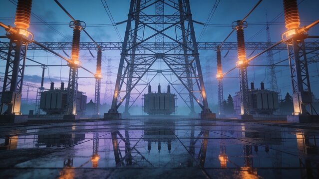 High Voltage Transmission Substation at Blue Hour with Immaculate Steel Geometry and Atmospheric Precision Lighting