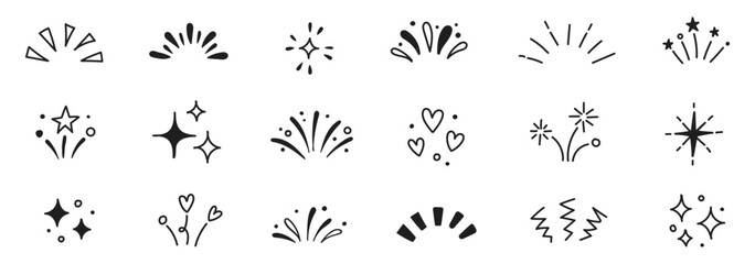 Fototapeta premium Liner icon ray confetti element set. Starburst line art with hand drawn glitter spark pop icon shapes and surprise emphasis elements. Decorative sketch style for a sunshine ray vector illustration