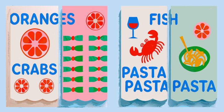 Colorful boxes display oranges fish crabs and pasta with playful designs