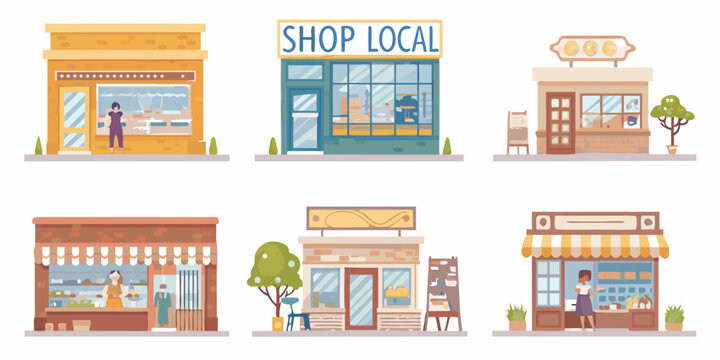 Illustrative storefronts depict a vibrant supportive local shopping street scene