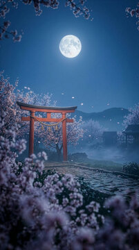 japanese Shrine Torii Gate at Night with Full Moon and Sakura