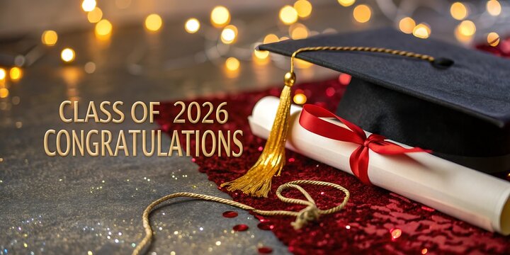 Graduation cap and diploma celebrating class of 2026 with graduation day, cerem