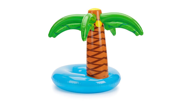 A colorful inflatable palm tree pool float on a white background