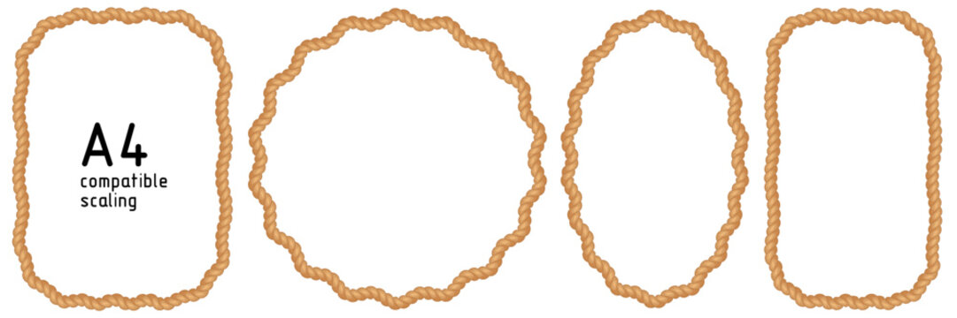 Rope frames. Set of string braid borders made of brush. Rectangular, A4 compatible, round, oval shapes for decorative marine, western designs. Vector illustration isolated on white background.