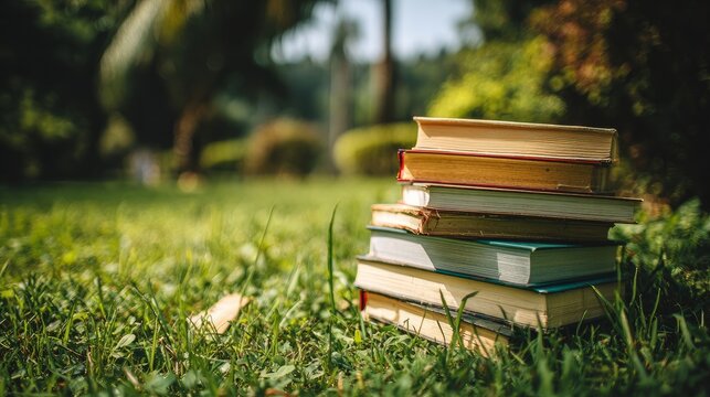 Books piled on green grass outside.