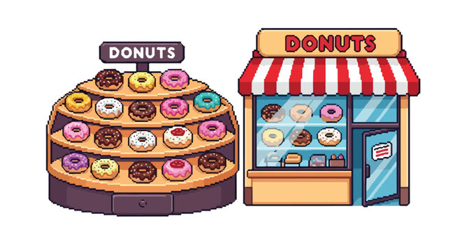 A colorful pixel art illustration featuring a tiered donut display stand alongside a charming donut shop storefront with a red striped awning.
