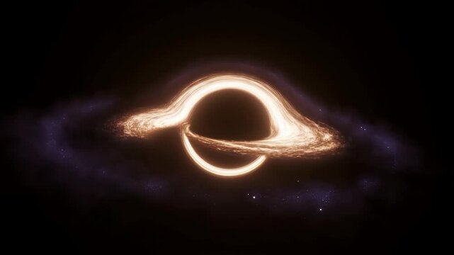 Glowing orange black hole accretion disk swirling slowly in deep space.