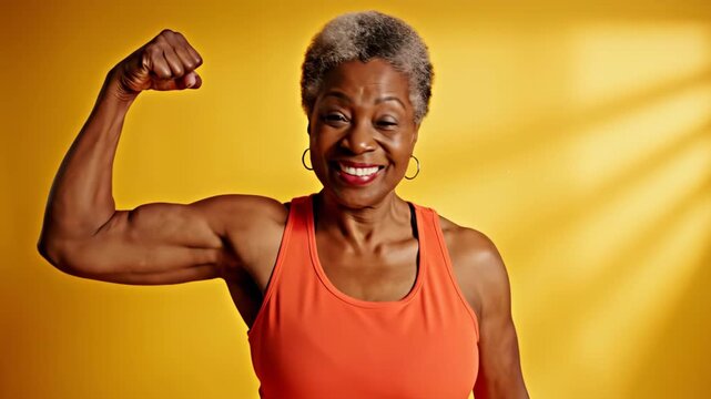 An Energetic Senior African American Woman Proudly Flexing Her Bicep, Showcasing Her Strength and Fitness.