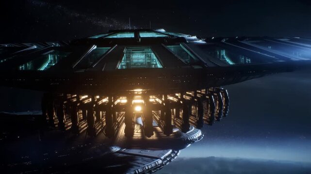 Large glowing spaceship base orbiting over clouds in night sky.
