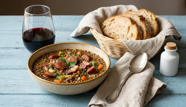 Lentil soup with smoked sausage, bacon, artisanal bread, and red wine on a rustic blue table