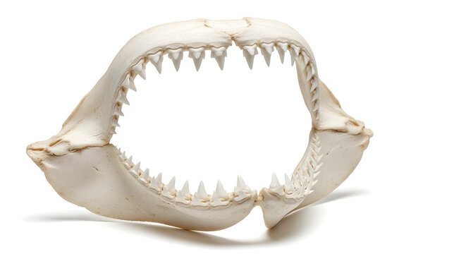 A shark jawbone with sharp teeth on a white background