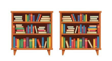 Two wooden bookshelves filled with colorful books are neatly arranged against a white background © Shakil