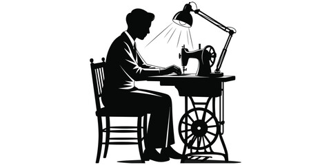 Fototapeta premium Vintage sewing machine silhouette illustration, person at treadle machine artwork, textile craft vector design, traditional tailoring drawing, black and white style