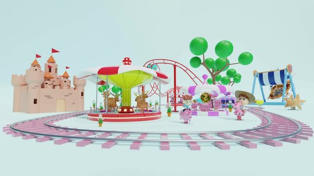 Stylized 3D Animation of a Colorful Cartoon Amusement Park