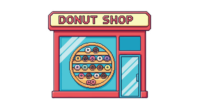 This pixel art vector illustration depicts a charming red donut shop with a large circular window display filled with colorful donuts.