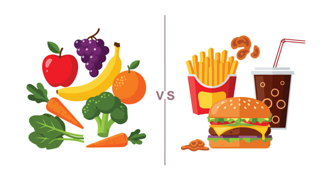 Infographic comparing healthy food like fruits and vegetables versus unhealthy food like fast food on a white background with a split-screen composition.