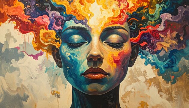 Portrait of a woman with closed eyes, her head a colorful explosion of paint