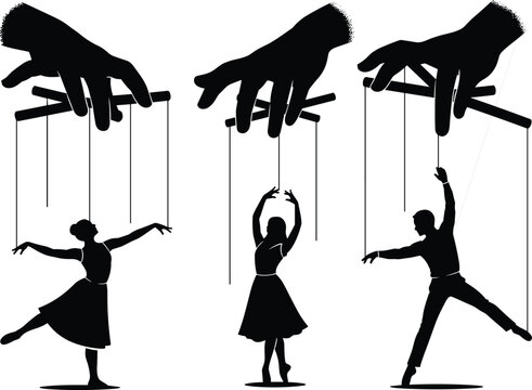 Set of puppet silhouettes controlled by human hands on strings, ballet dancers and male figure marionettes, conceptual power and control.