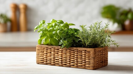 Fototapeta premium Wooden basket holds fresh herbs on a white table.