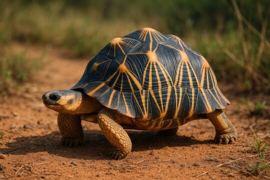 Radiated tortoise walking outdoors.