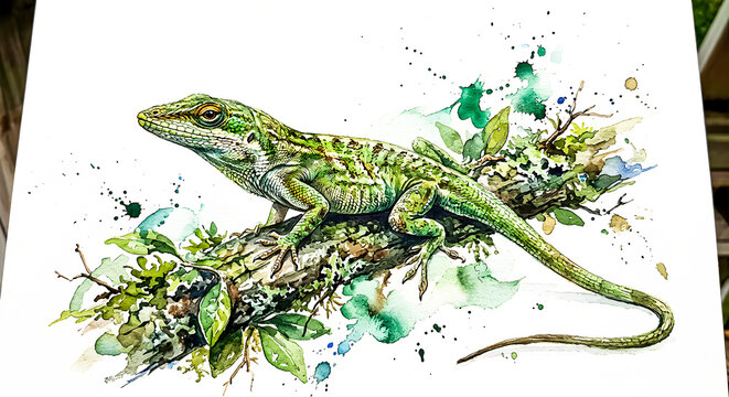 Watercolor Green Lizard on Branch
