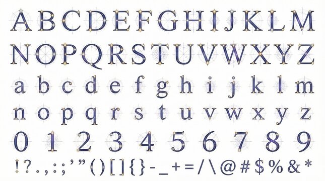 Font alphabet in Constellation atlas letters with star nodes celestial grids and elegant space ornament style from A to Z numbers punctuation isolated on white background.
