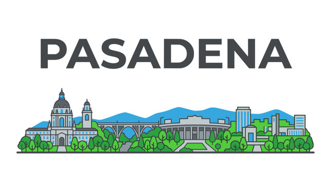 Pasadena California city skyline with landmarks and mountains in flat line art vector illustration