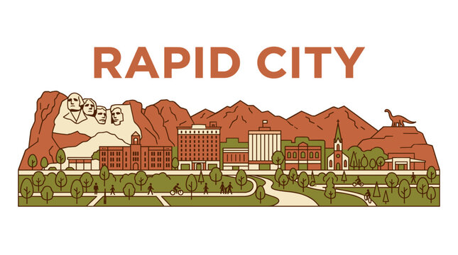 Rapid City South Dakota skyline with Mount Rushmore minimalist flat vector illustration