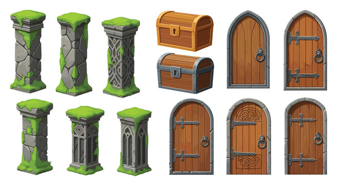 Fantasy architectural elements featuring mossy stone pillars, sturdy wooden treasure chests, and arched wooden doors with iron hinges on white background.